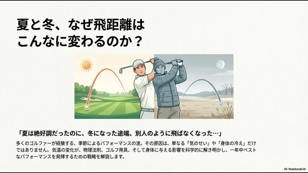 夏と冬でゴルフの飛距離が大きく変わる理由を科学的に解説する導入スライド資料