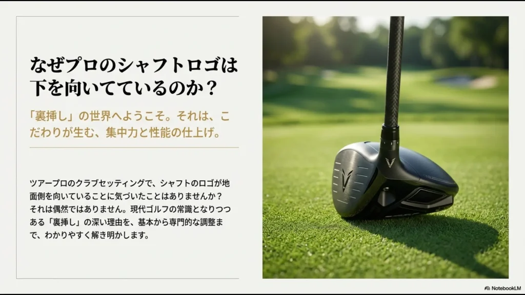 ゴルフクラブのシャフトロゴを地面側に向ける裏挿し（ロゴダウン）のイメージ画像