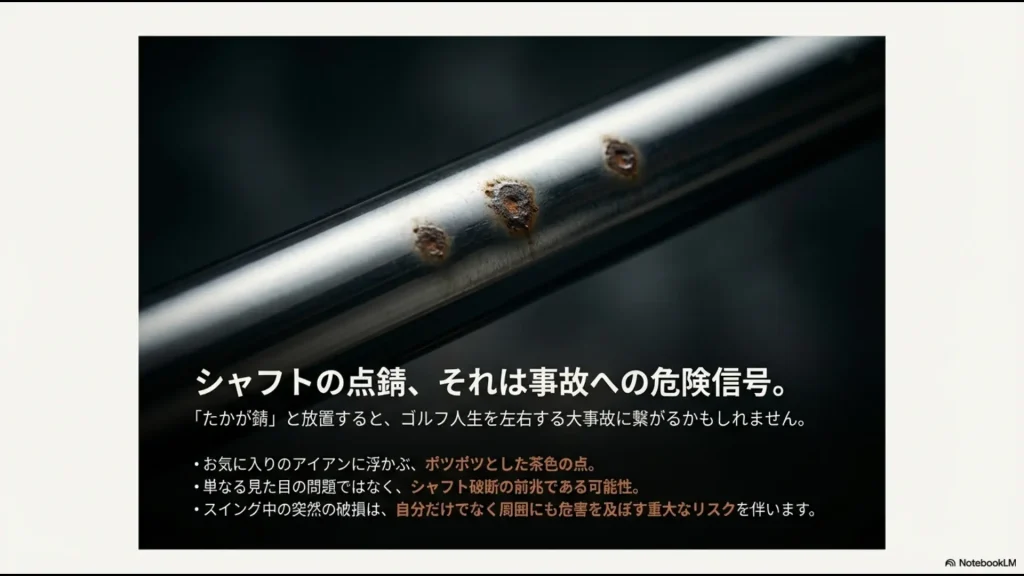 ゴルフシャフトの点錆は事故への危険信号であることを示す警告スライド