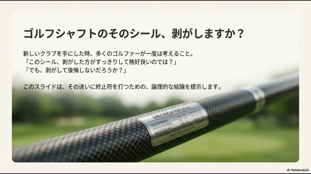 ゴルフシャフトに貼られたシールの写真と、剥がすべきか迷うゴルファーへの問いかけ