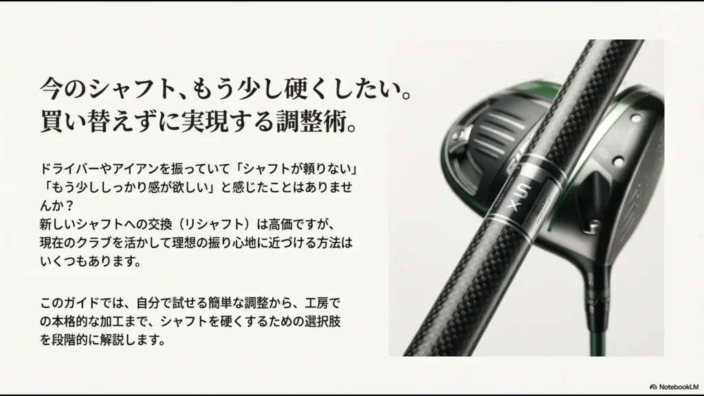 ドライバーとアイアンのゴルフシャフト硬度調整ガイドのタイトルスライド。