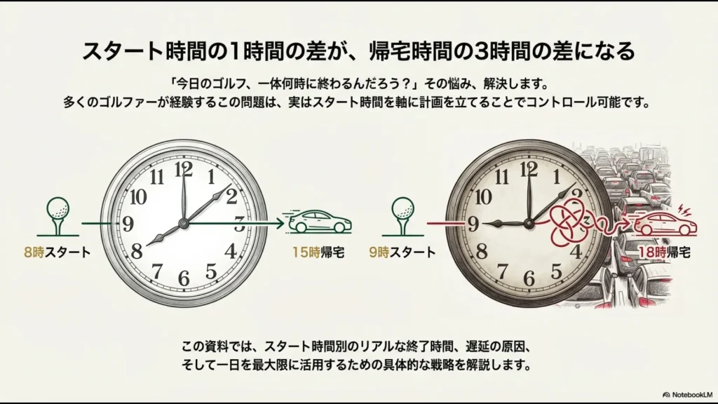 8時スタートと9時スタートの比較。スタートが1時間遅れると帰宅時間が3時間遅くなることを示すイラスト