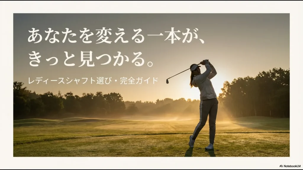 「あなたを変える一本が、きっと見つかる。レディースシャフト選び・完全ガイド」と書かれた、女性ゴルファーのスライド表紙画像。