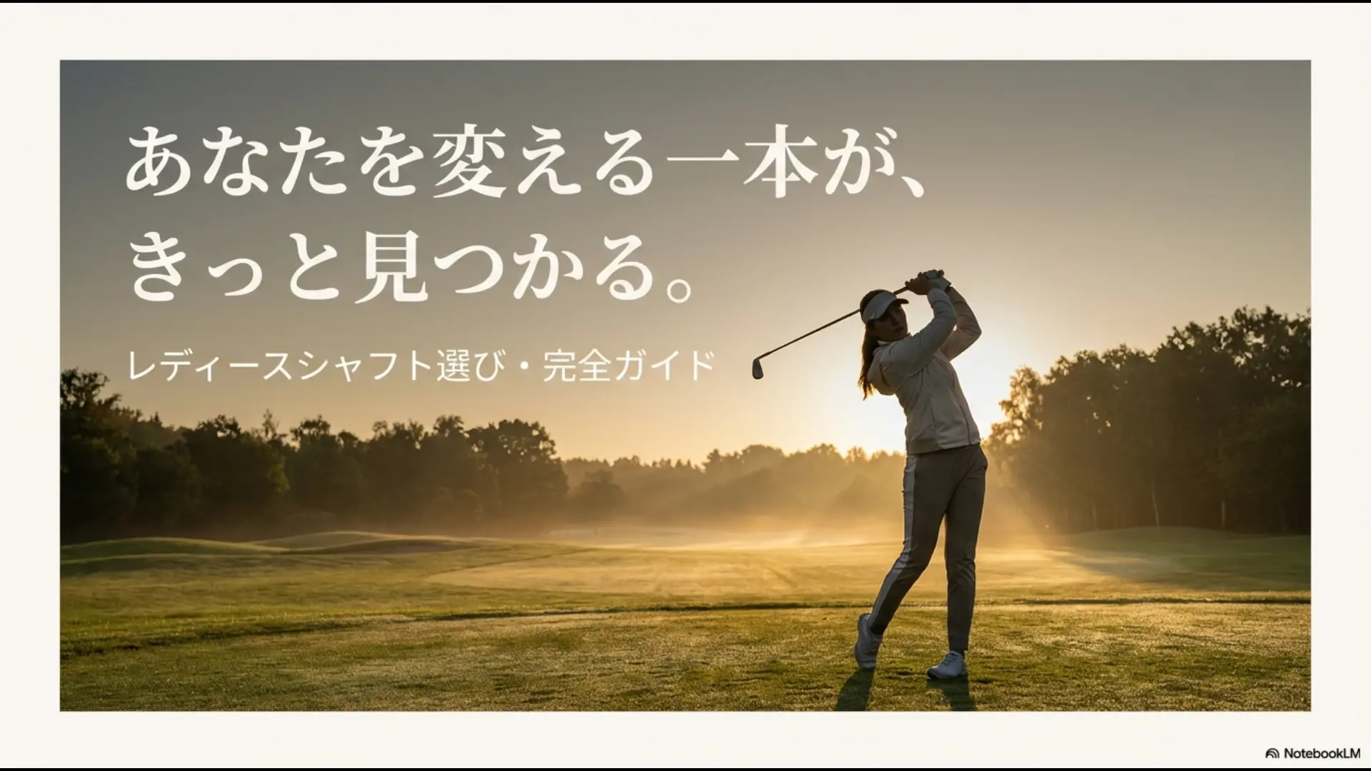 「あなたを変える一本が、きっと見つかる。レディースシャフト選び・完全ガイド」と書かれた、女性ゴルファーのスライド表紙画像。