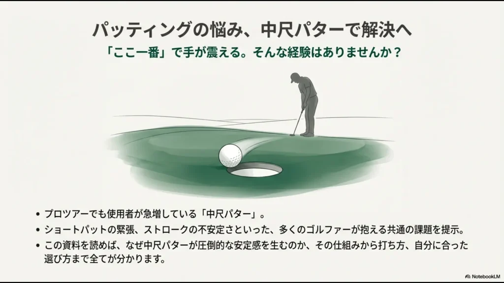カップインするボールと、中尺パターでアドレスするゴルファーのイラスト。パッティングの悩み解決を提示するスライド。