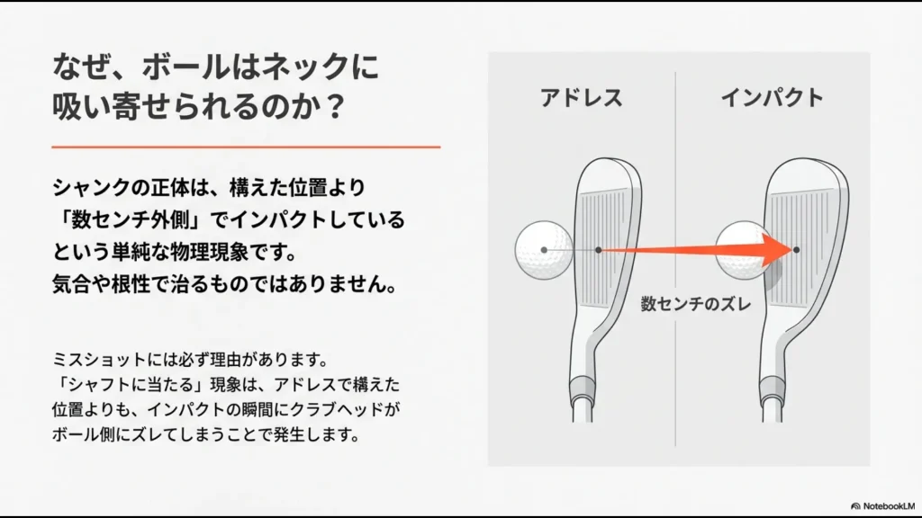 アドレス時のボール位置に対し、インパクトでヘッドが数センチ外側にズレてネックに当たる物理現象の図解