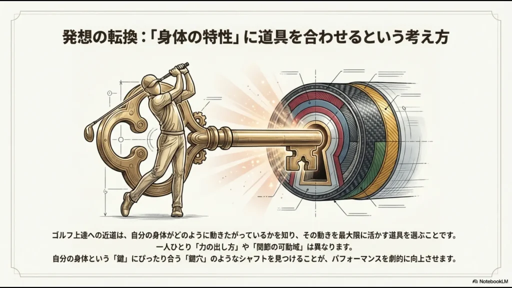 身体の特性という鍵に合うシャフトという鍵穴を見つけることがゴルフ上達の近道であるという概念図