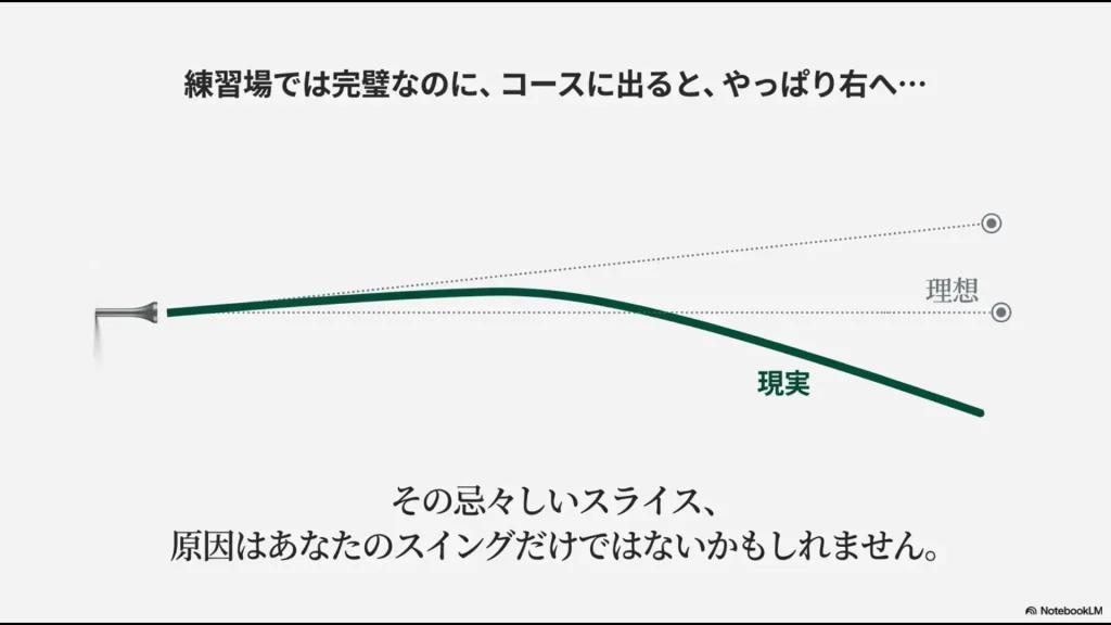 練習場では完璧でもコースで右に曲がってしまうスライスの現実と、スイング以外の原因を示唆するスライド