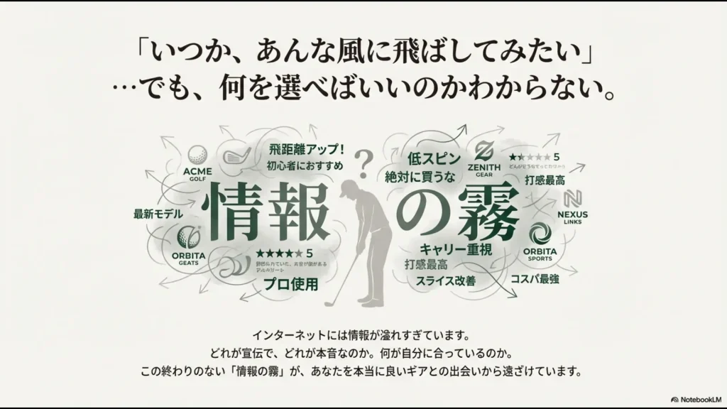 インターネット上の過剰な広告や口コミに悩むアマチュアゴルファーのイメージ