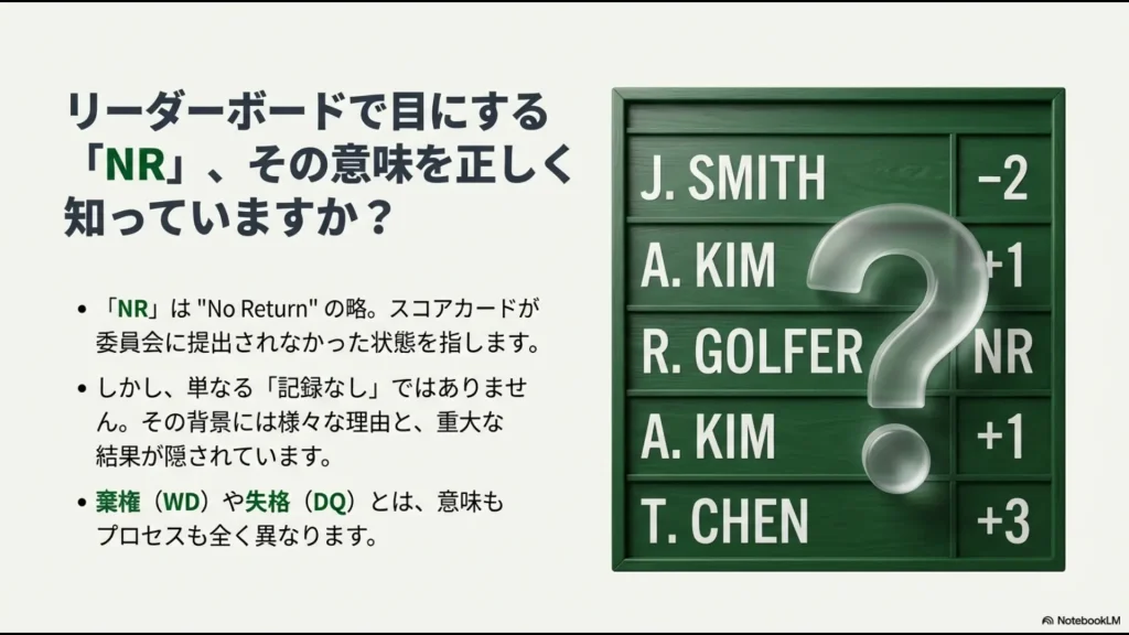 ゴルフのリーダーボードでR. GOLFERにNR（No Return）と表示されている例と、スコアカード未提出の定義