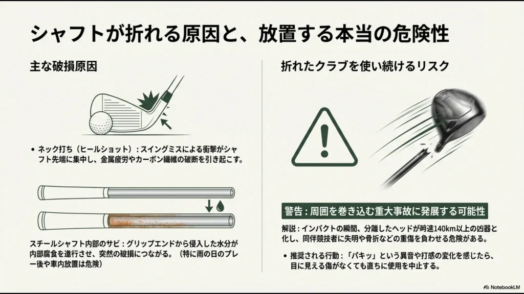 ネック打ちによる衝撃やスチールシャフト内部のサビ、分離したヘッドが飛来する危険性を解説した図解スライド