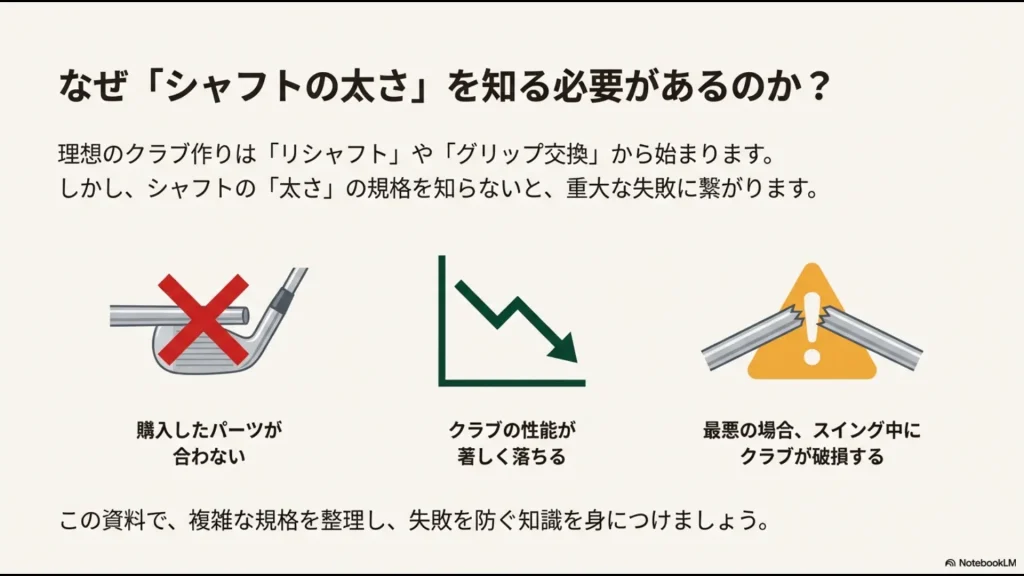 ゴルフシャフトの太さを間違えることで発生する「パーツが合わない」「性能低下」「破損」の3つのリスク図解