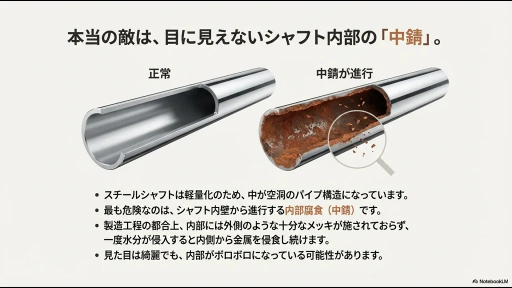 正常なスチールシャフトと内部腐食（中錆）が進行したシャフトの比較図
