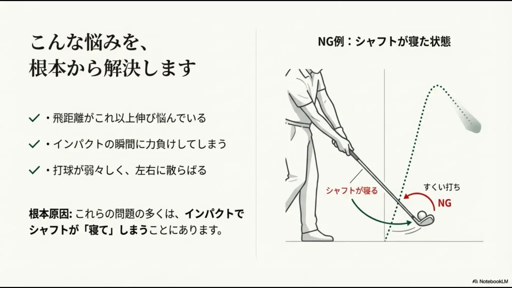ゴルフスイングにおいてインパクトでシャフトが寝てしまい、すくい打ちになっている悪い例のイラスト