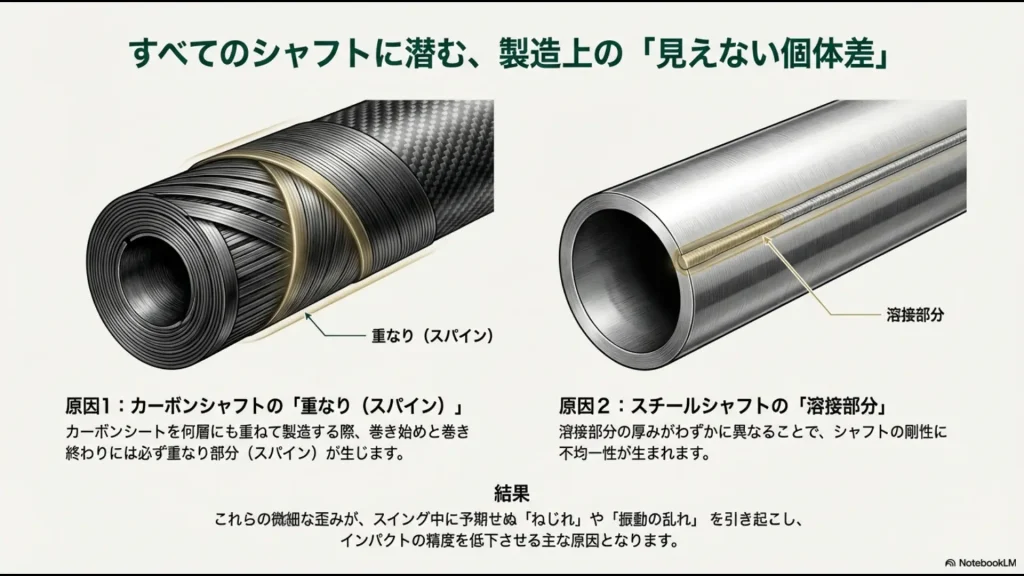 カーボンシャフトの重なり（スパイン）とスチールシャフトの溶接部分による剛性の不均一性の図解