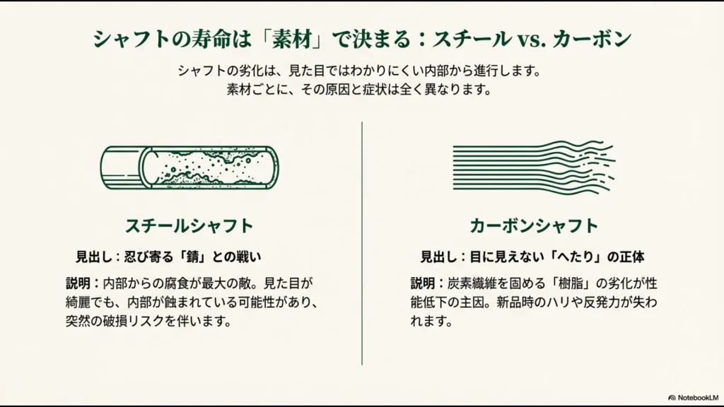 スチールシャフトとカーボンシャフトの劣化原因と症状の違いを比較した解説スライド