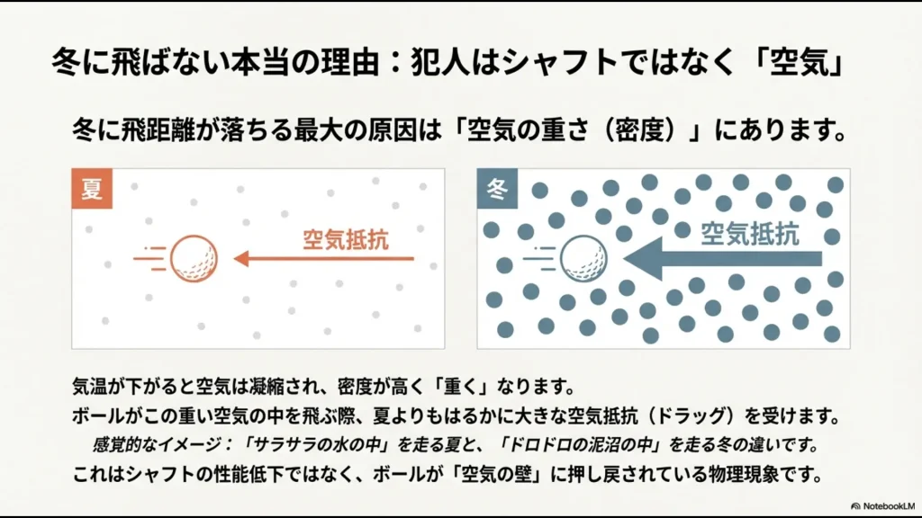 冬の飛距離低下の原因がシャフトの変質ではなく、空気密度の増加（空気の壁）にあることを示す図解