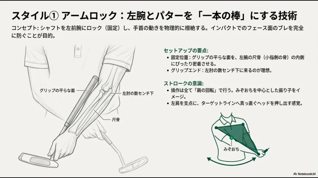 左腕の尺骨にグリップの平らな面を密着させ、グリップエンドを左肘の数センチ下に配置するアームロックの固定方法の図解。
