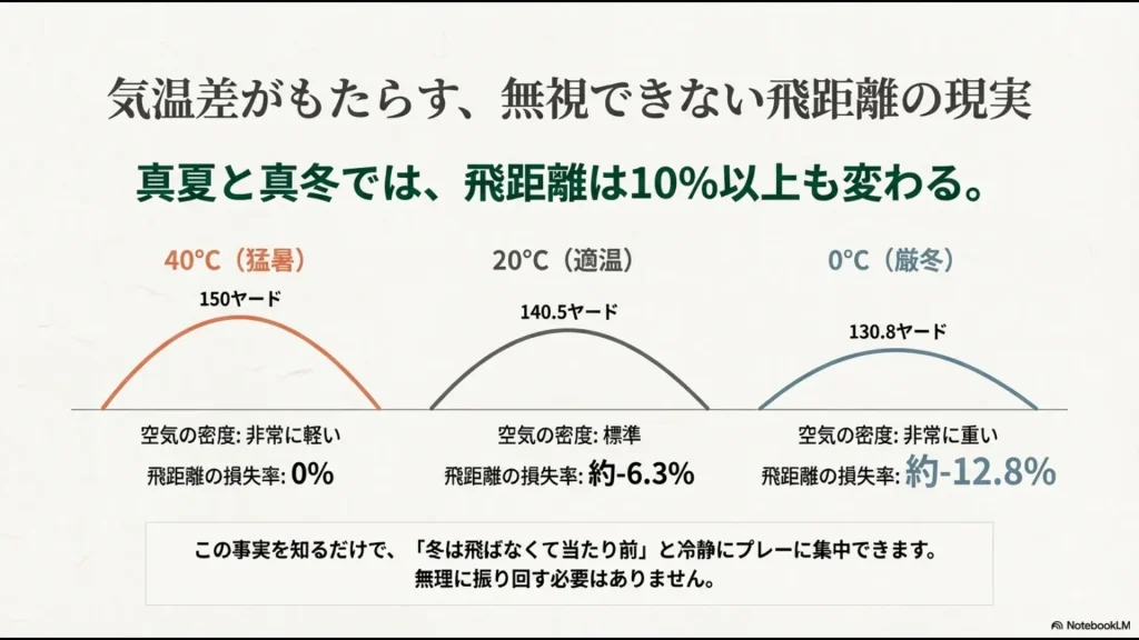 0度、20度、40度における空気密度の違いと飛距離の損失率（約12.8%ダウンなど）をまとめた比較表