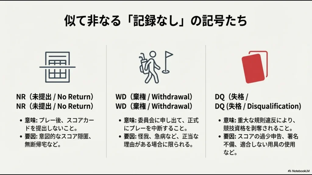 ゴルフ競技におけるNR（未提出）、WD（棄権）、DQ（失格）の意味と発生要因を比較したスライド資料