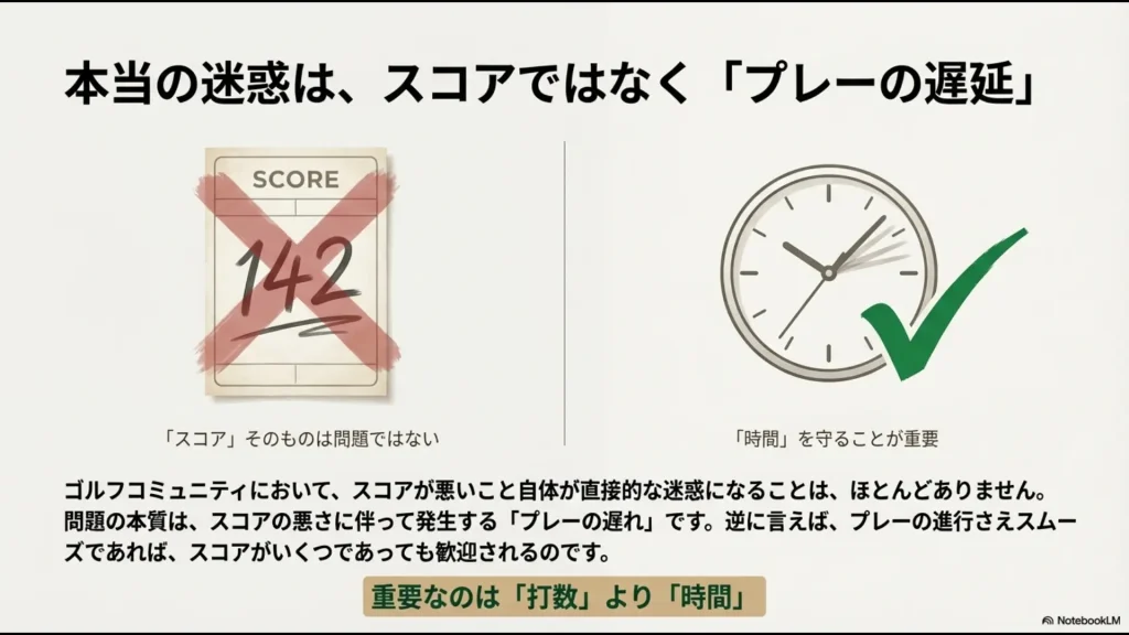 ゴルフにおいてスコアそのものは問題ではなく、時間を守ることやプレーの進行をスムーズにすることが重要であることを示す図解