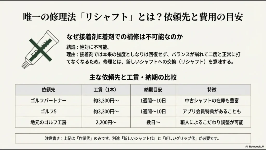 接着剤修理が不可能な理由と、ゴルフパートナーやゴルフ5など主要ショップのリシャフト工賃・納期比較表