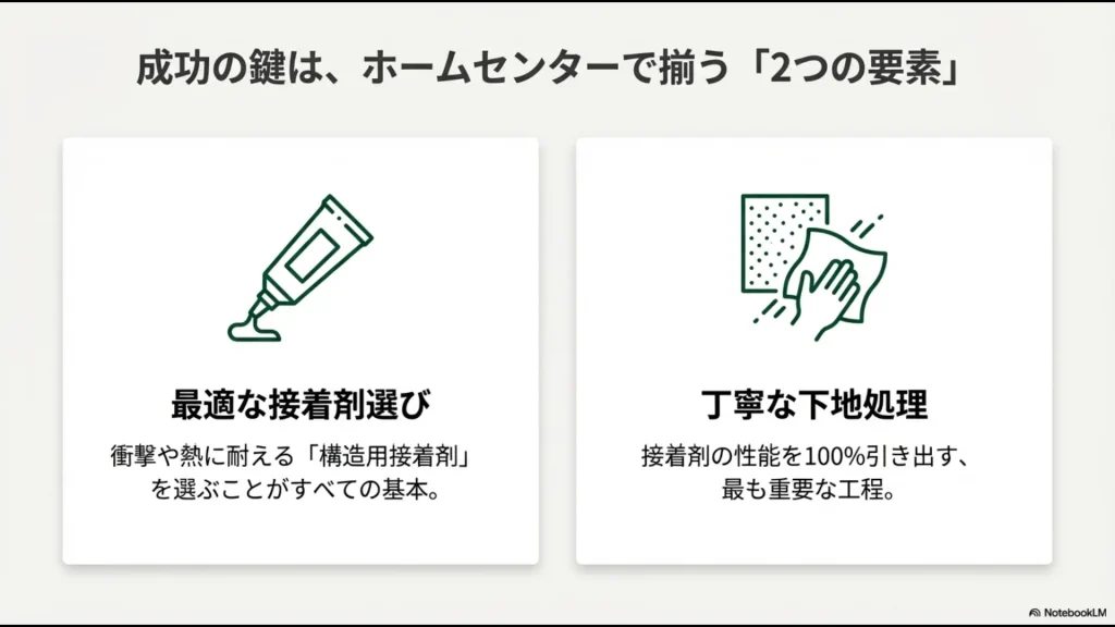 シャフト接着成功の鍵となる「最適な接着剤選び」と「丁寧な下地処理」の2つの要素を示す図解