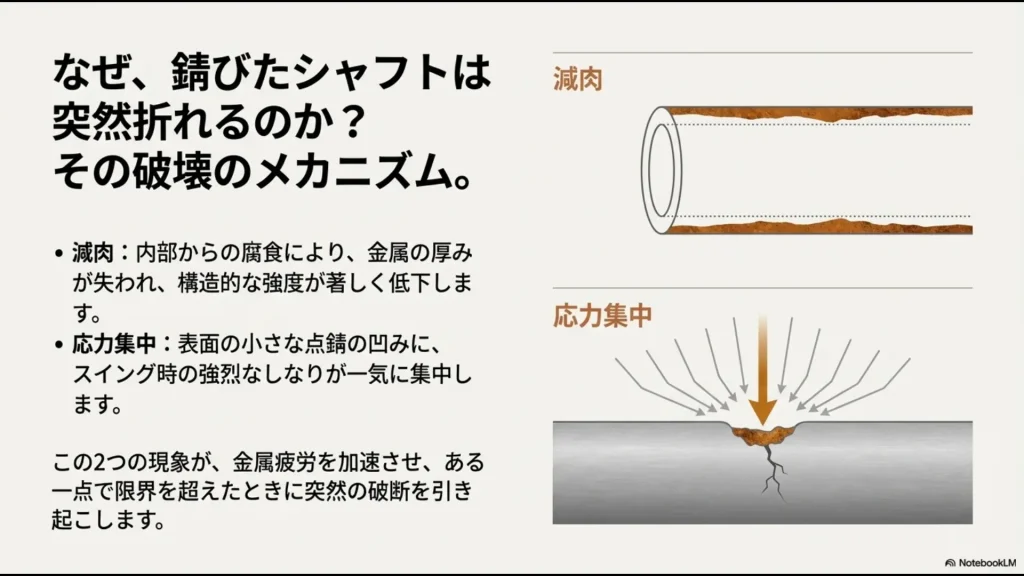 シャフトの減肉と応力集中が突然の破断を引き起こすメカニズムの解説図