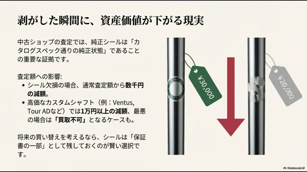 シール欠損による査定額の減額目安。通常数千円、カスタムシャフトでは1万円以上の差が出る解説