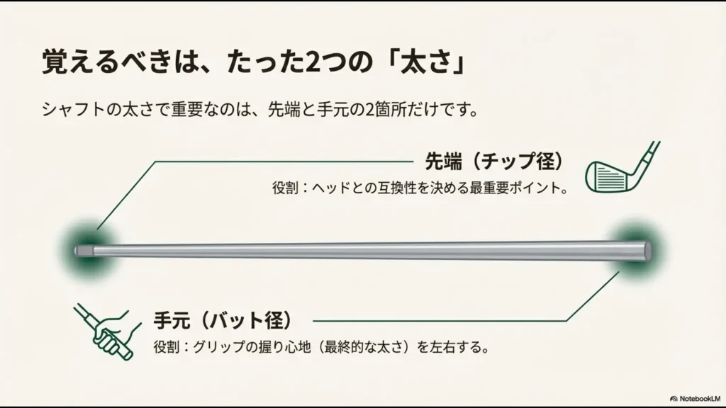 ゴルフシャフトの先端部分（チップ径）と手元部分（バット径）の役割の違いを示すイラスト