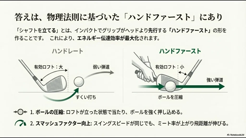 ゴルフのハンドレイトによる弱い弾道と、ハンドファースト(シャフトを立てる)による強い弾道の比較図