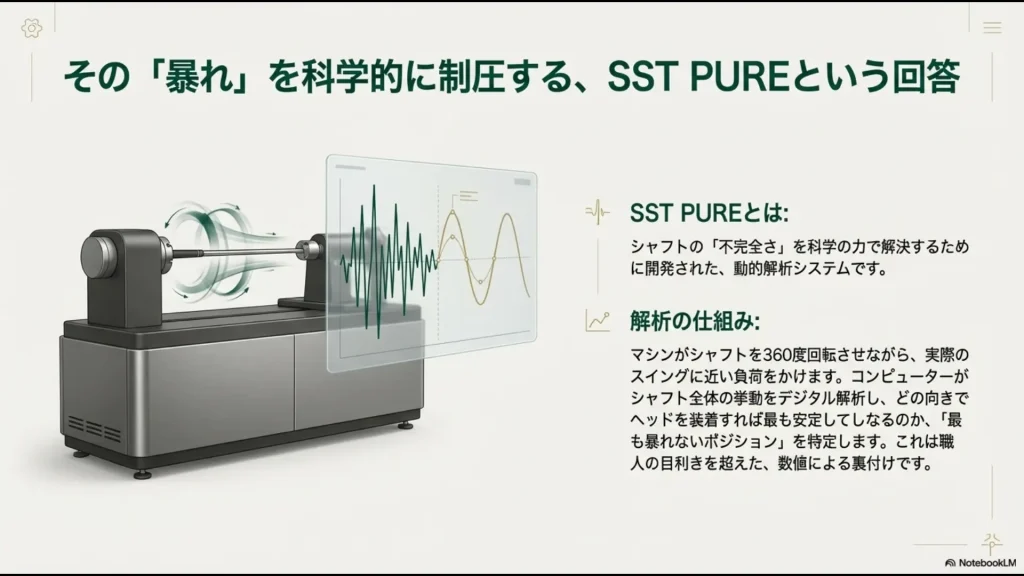 コンピュータ解析によりシャフトの最も安定してしなるポジションを特定するSST PURE専用マシン