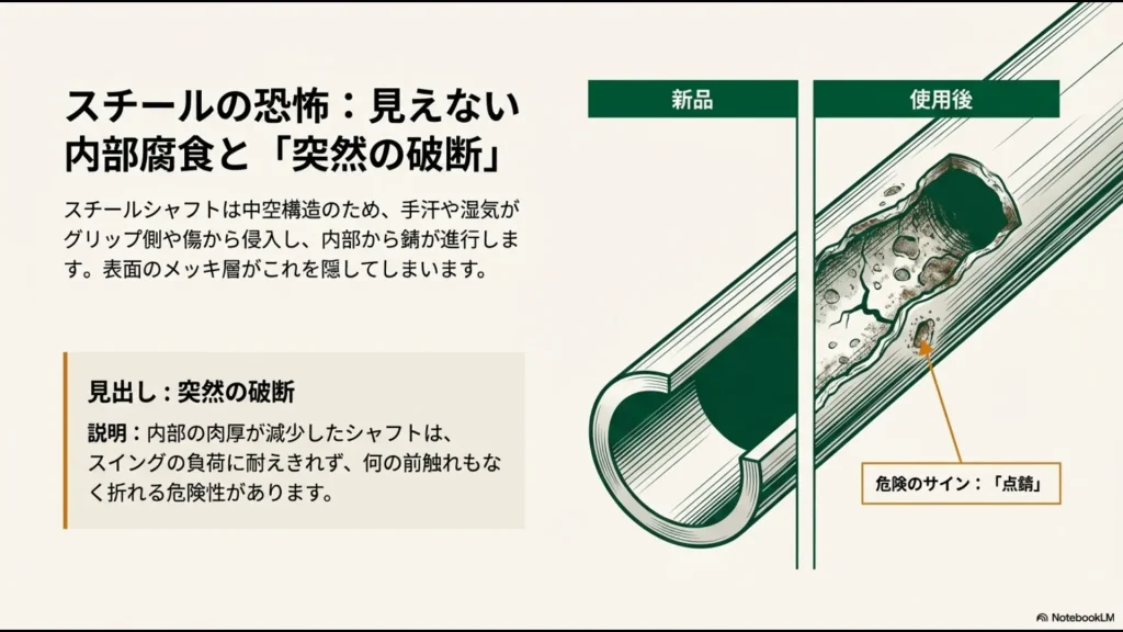 スチールシャフトの内部で進行する錆と、表面に現れる点錆のサインを説明するイラスト