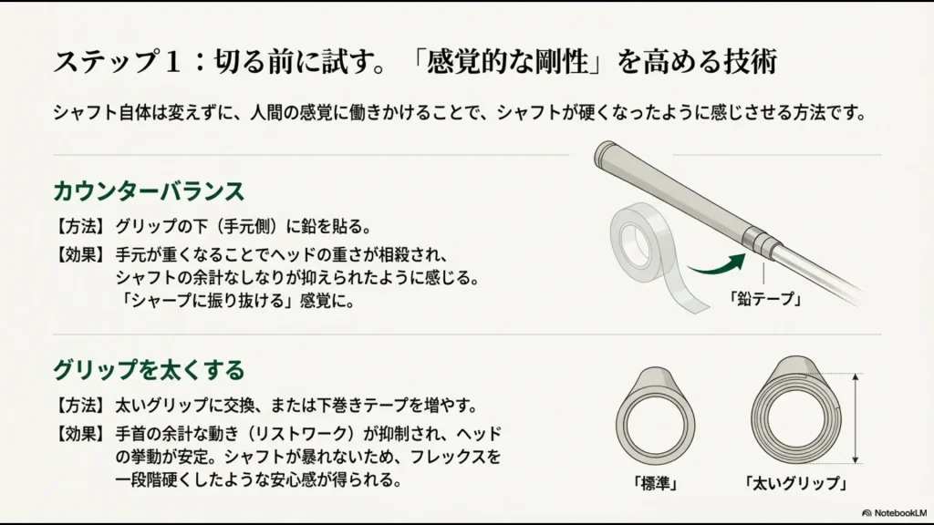 カウンターバランスのための鉛の貼り方と、グリップを太くして剛性を高める方法。