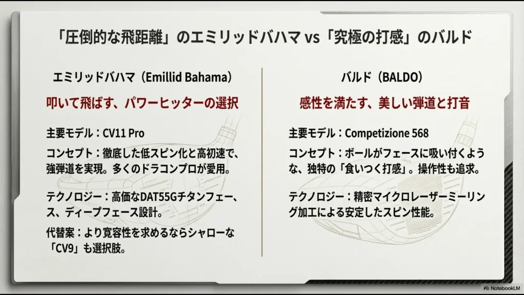 圧倒的飛距離のバハマCV11 Proと究極の打感を持つバルドCompetizione 568の比較まとめ