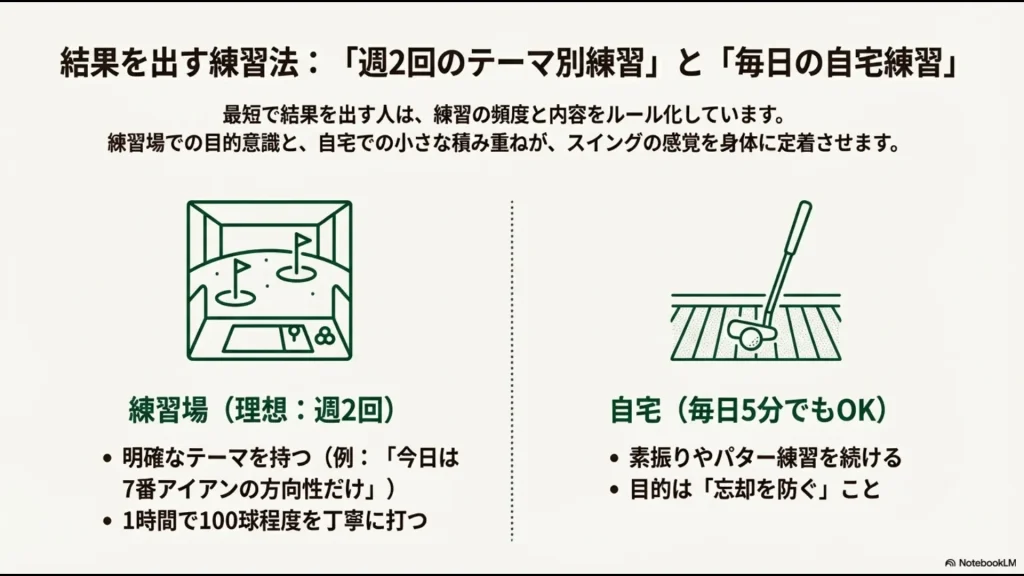 週2回のテーマ別練習場通いと、忘却を防ぐための毎日5分の自宅練習のポイントをまとめたリスト。