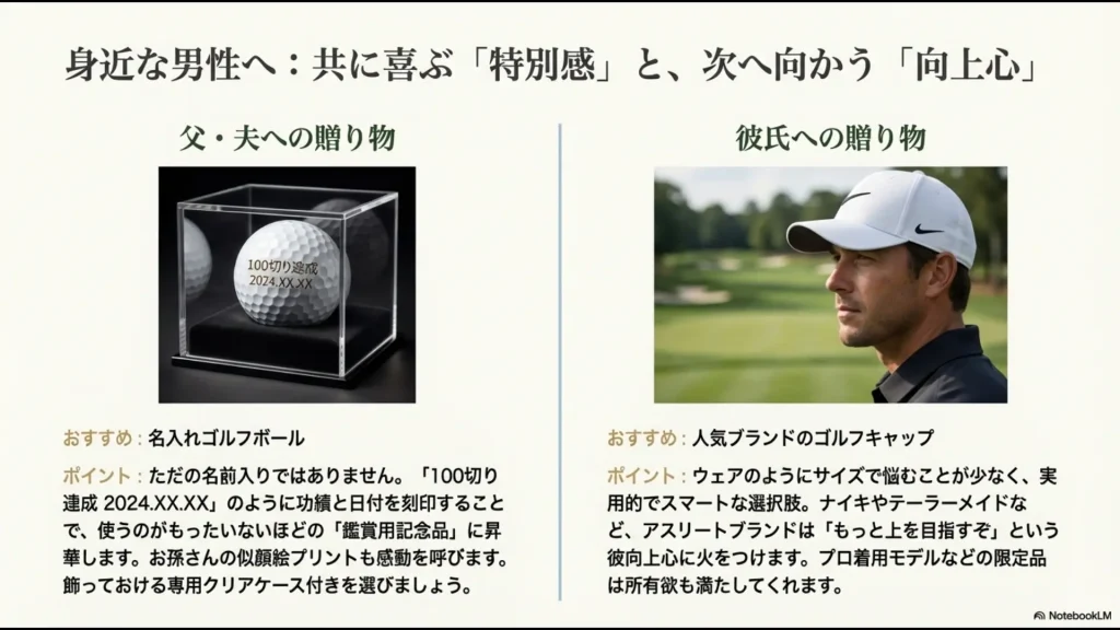 名入れゴルフボールとブランドキャップの画像。男性向けギフトのポイント（功績の刻印や向上心への刺激）を解説するスライド。