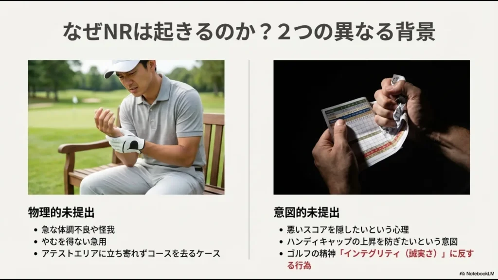 怪我や急病などの物理的未提出と、スコア隠匿などの意図的未提出というNRが起きる2つの背景の図解