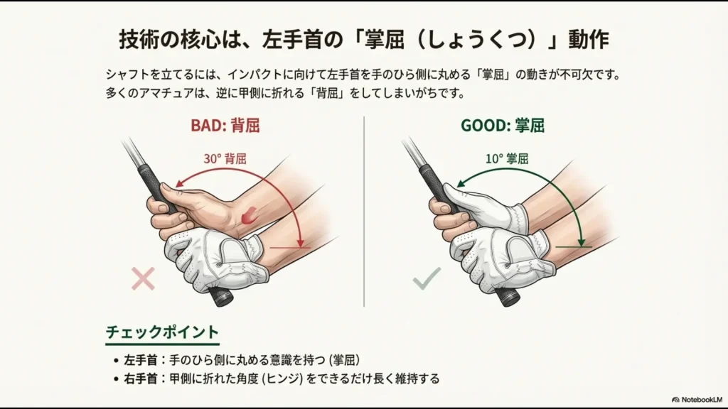 ゴルフスイングのインパクトにおける正しい左手首の掌屈(手のひら側への丸め)と悪い例の背屈の比較