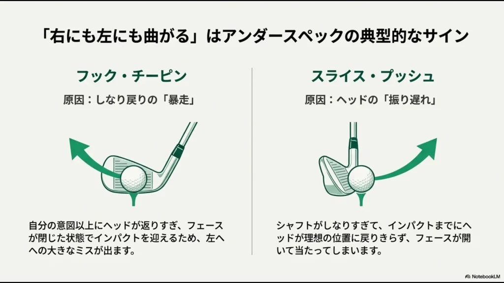 しなり戻りの暴走によるフックと、ヘッドの振り遅れによるスライスの発生原因比較