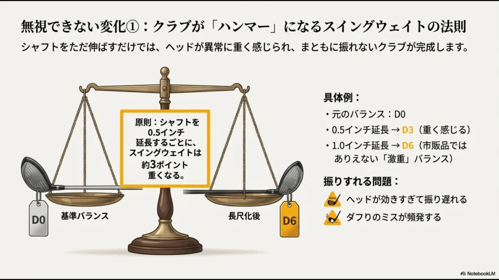 シャフト延長によるスイングウェイトの変化法則