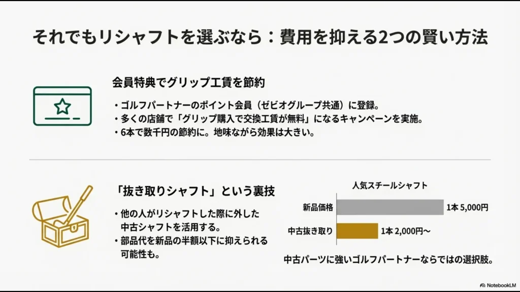 ゴルフパートナーでリシャフト費用を抑えるポイント(会員特典・抜き取りシャフト)のスライド