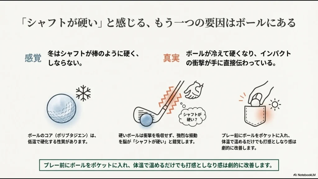 低温でボールのコアが硬化し、その衝撃が手に伝わることで「シャフトが硬い」と錯覚するメカニズムの解説