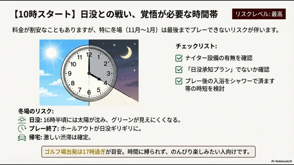 10時スタートの注意点。冬場の日没によるプレー中断リスクと激しい渋滞の確定についての解説