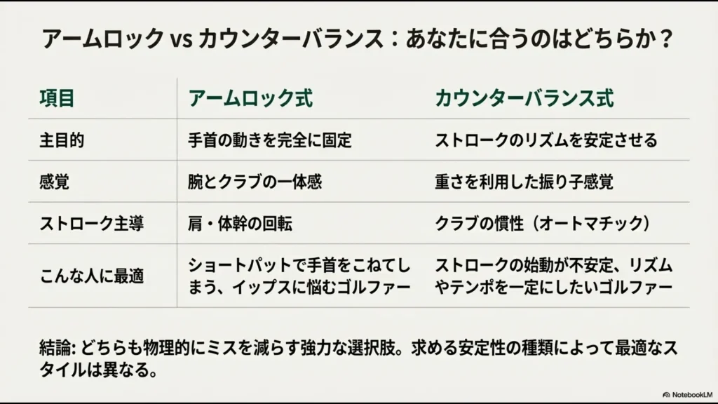 アームロック式とカウンターバランス式の主目的、感覚、ストローク主導、最適な人の違いをまとめた比較表。