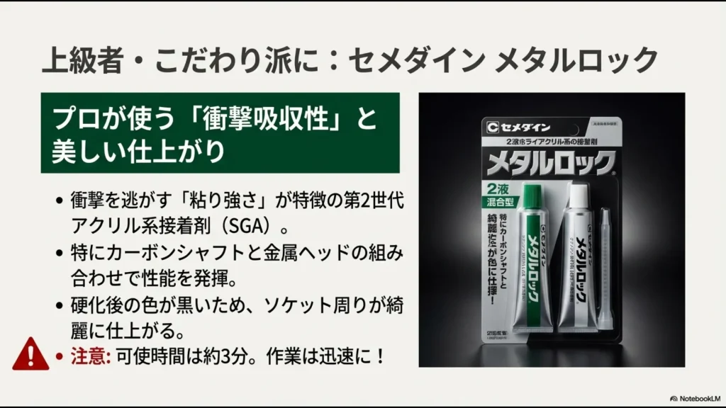 セメダインメタルロックの特徴。衝撃吸収性に優れたアクリル系接着剤で、カーボンシャフトと金属ヘッドの組み合わせに最適