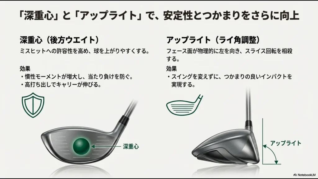 後方ウエイトによるミスヒットへの許容性と、ライ角調整によって物理的にフェースをつかまえる仕組み