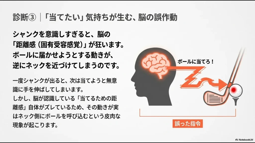 シャンクを意識しすぎることで脳の距離感が狂い、当てようとする動きが逆にネックを近づけてしまう仕組み