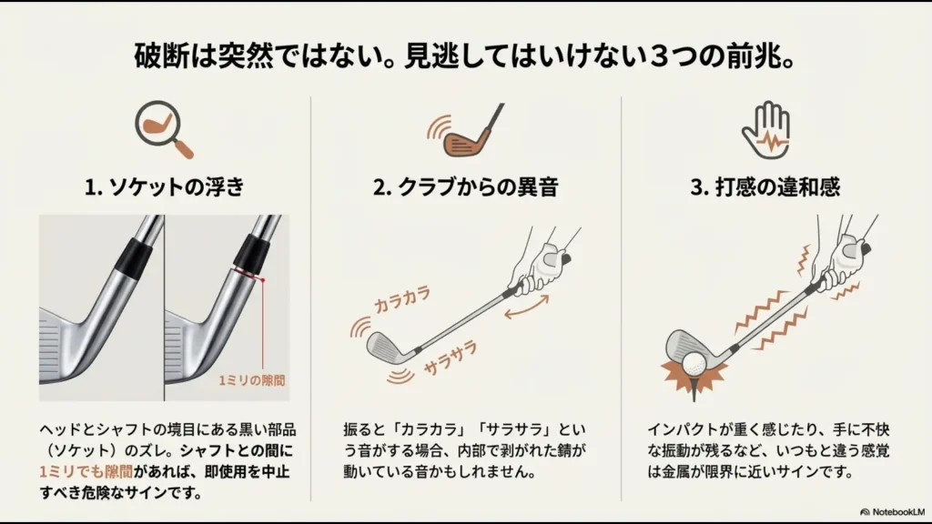 破断の前兆であるソケットの浮き・異音・打感の違和感をまとめたスライド