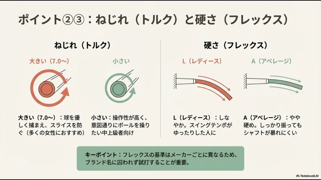 球のつかまりを助ける大きなトルクや、スイングテンポに合わせたL(レディース)・A(アベレージ)フレックスの選び方、メーカーによる基準の違いに関する解説。